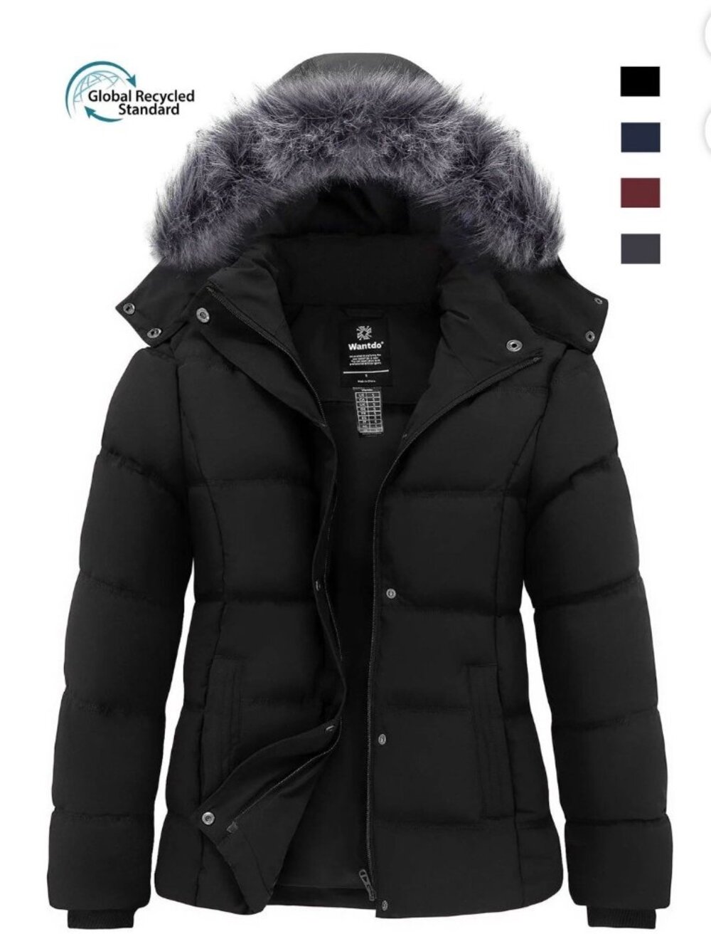 Women's Winter Puffer Jacket with Faux Fur Hood – Black, Size Large